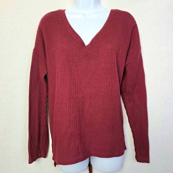 BKE Burgundy Ruched V-Neck Sweater Size L - Picture 1 of 5